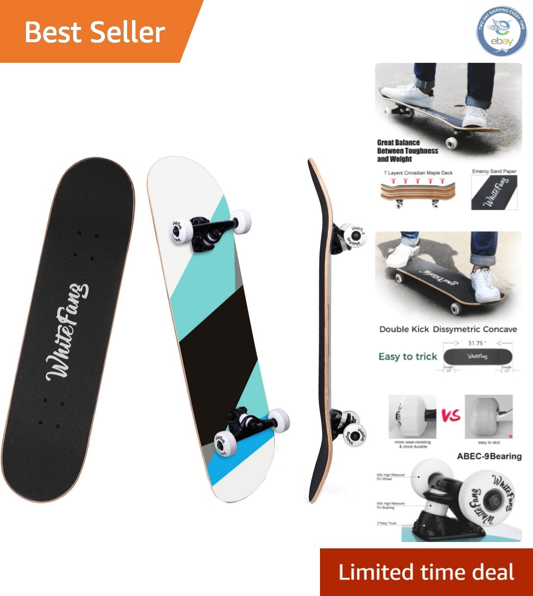 Complete 31&Prime; x 7.88&Prime; Skateboard for Beginners – 7 Ply Maple Deck, Easy Tricks