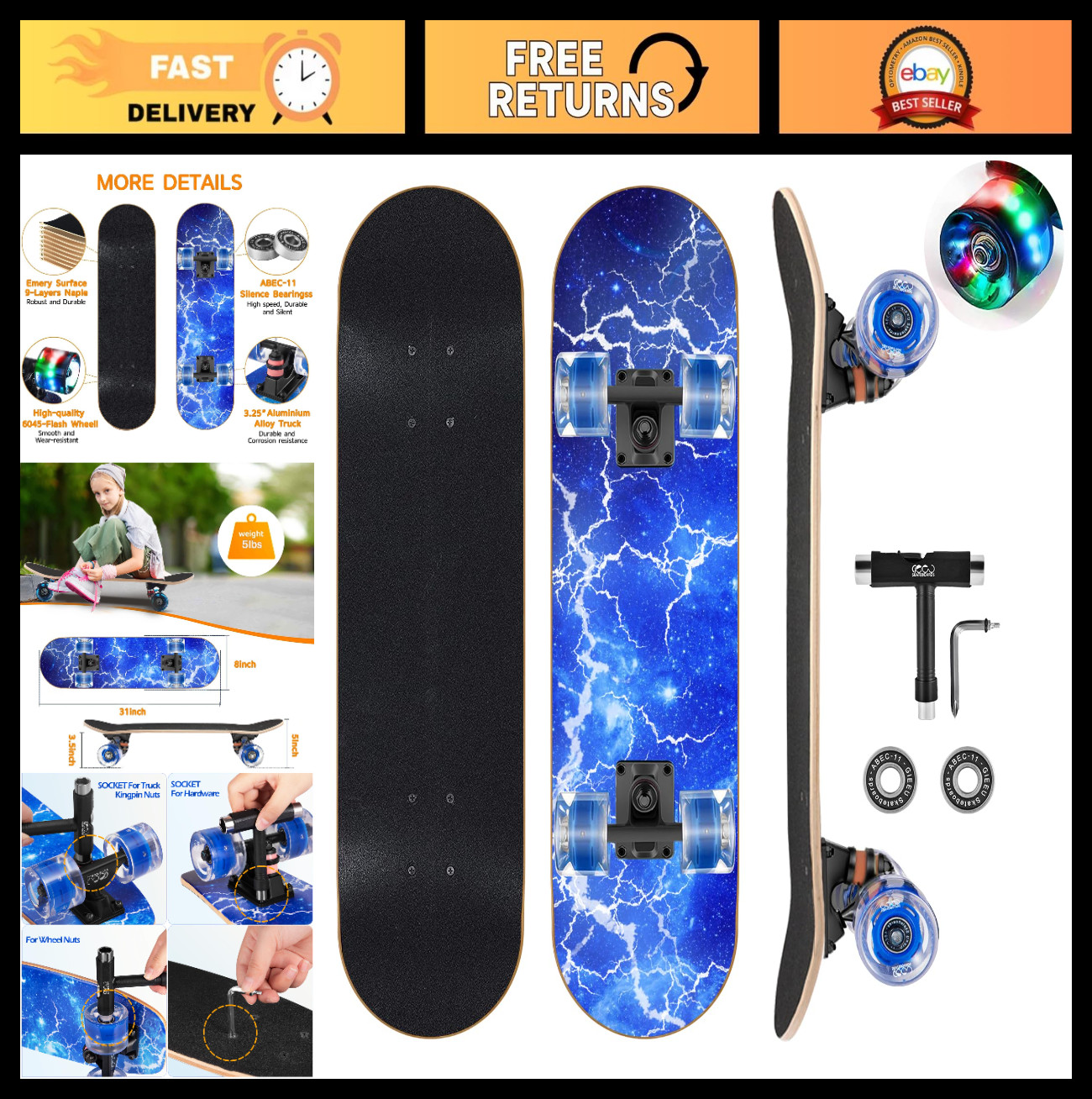 Colorful Flashing Wheel Skateboard for Kids, Teens & Adults – 9 Layer Maple Deck