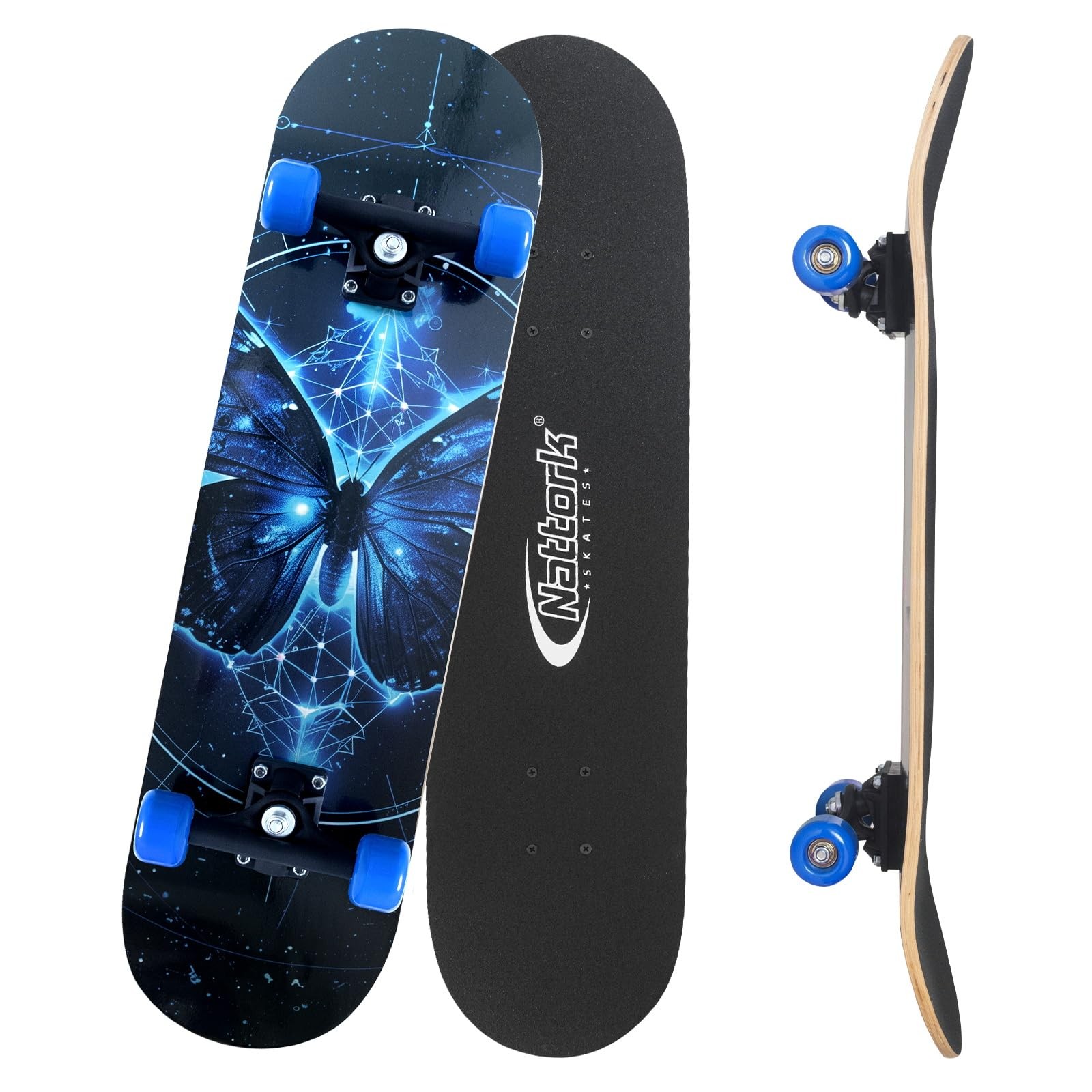 Nattork 31 Inch Complete Skateboard with PU 31 inches x 8&Prime;, Cosmic Butterfly